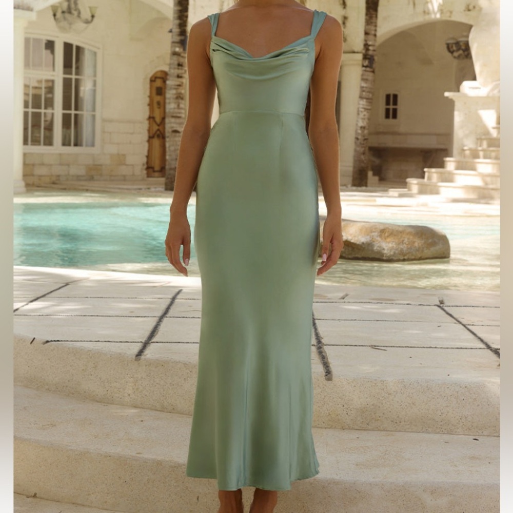 Runaway The Label: MARGOT MAXI DRESS SAGE Sheath Maxi Dress Cowl Neck Sleeveless